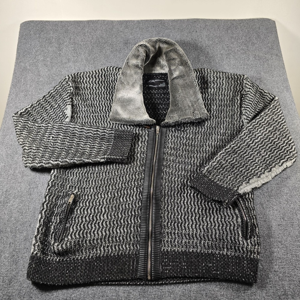 LCR Black Edition 6XL Wool Blend Zip Cardigan Sweater Faux Fur Collar